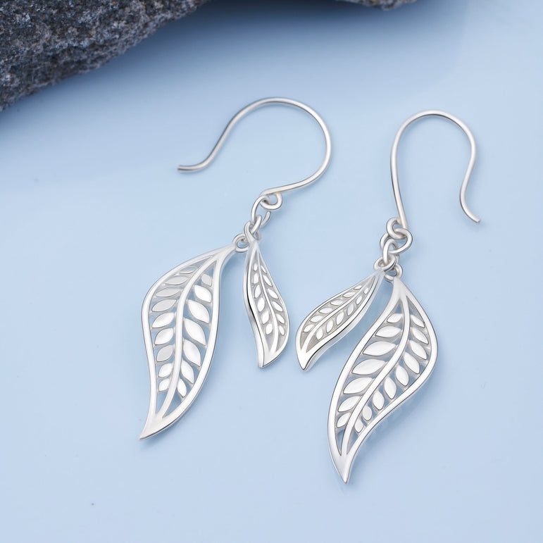 Feathered Leaf Drop Earrings Silver Dangle Earrings Drop Earrings