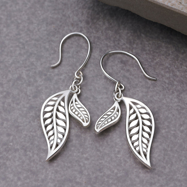 Feathered Leaf Drop Earrings Silver Dangle Earrings Drop Earrings