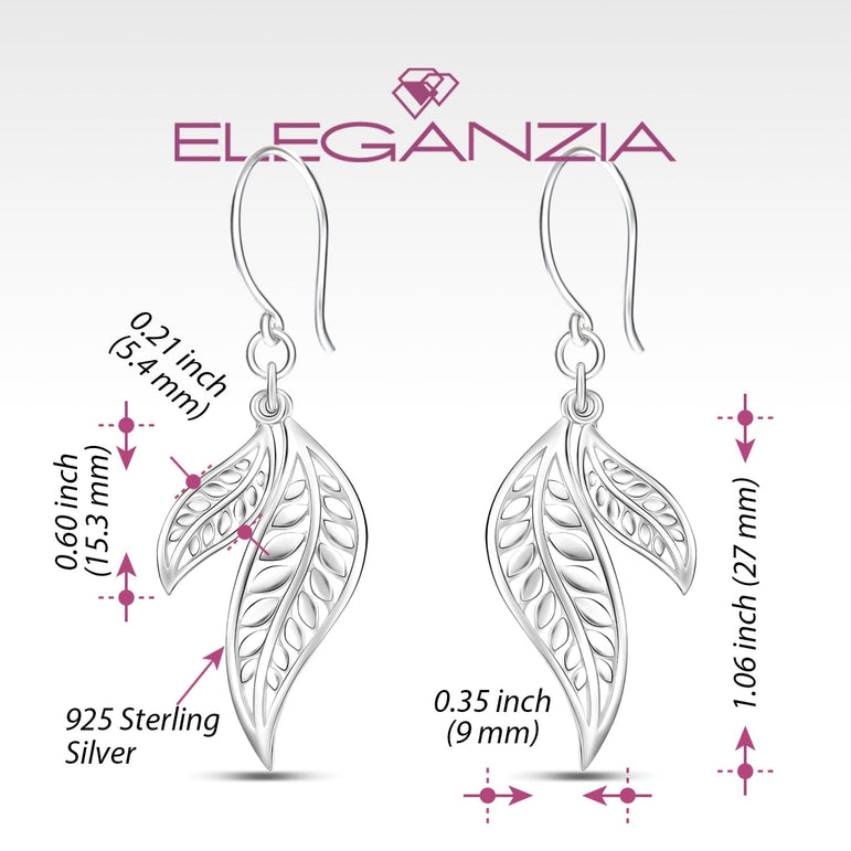 Feathered Leaf Drop Earrings Silver Dangle Earrings Drop Earrings
