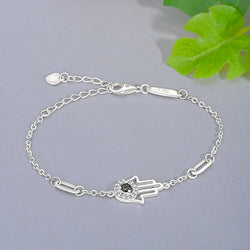 Black CZ Evil Eye Bracelet in Sterling Silver Hamsa Hand Bracelet