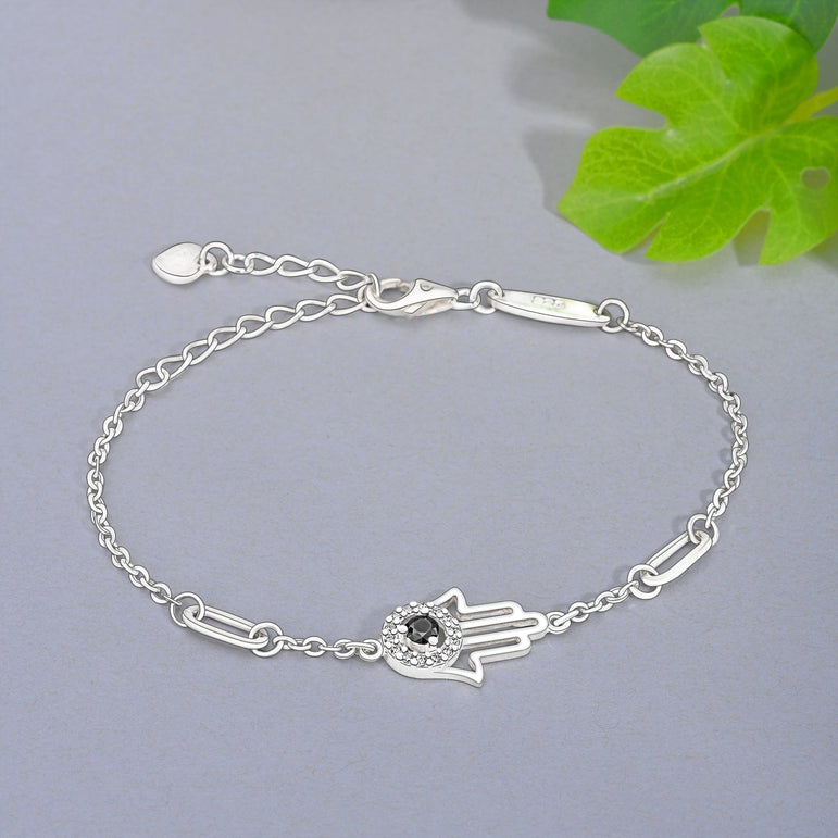 Black CZ Evil Eye Bracelet in Sterling Silver Hamsa Hand Bracelet