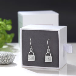 CZ Lock Earrings Silver Drop Earrings