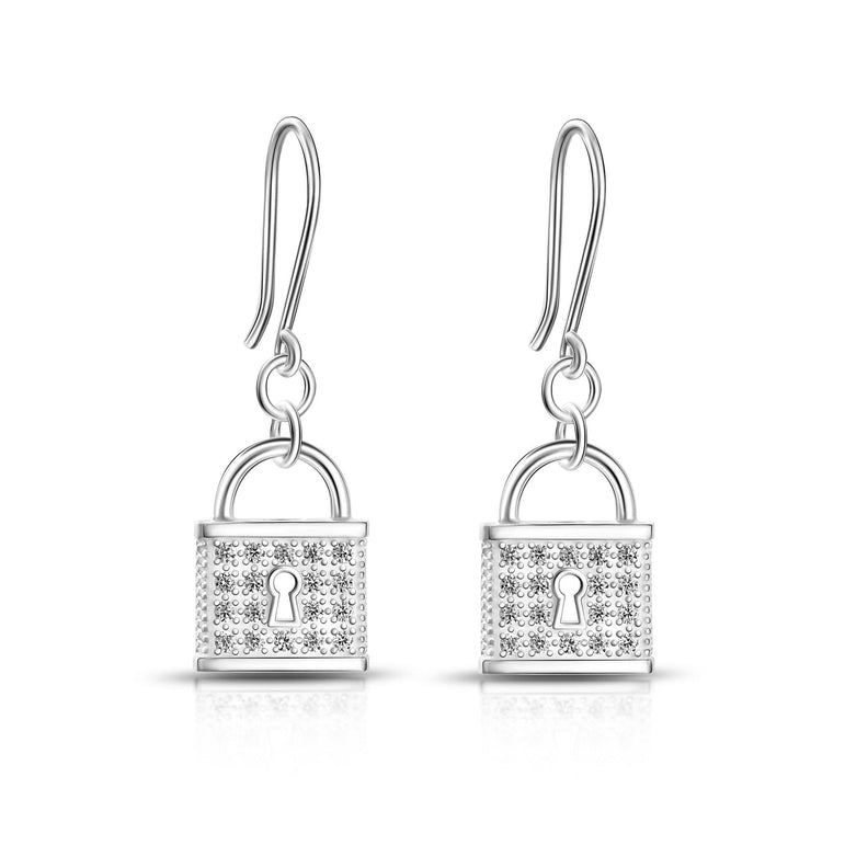CZ Lock Earrings Silver Drop Earrings