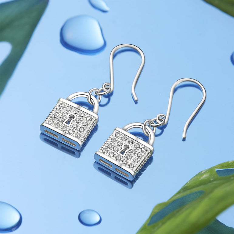 CZ Lock Earrings Silver Drop Earrings