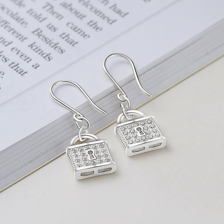CZ Lock Earrings Silver Drop Earrings
