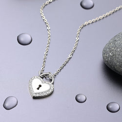Sterling Silver Heart Lock Necklace with CZ Pendant Necklace