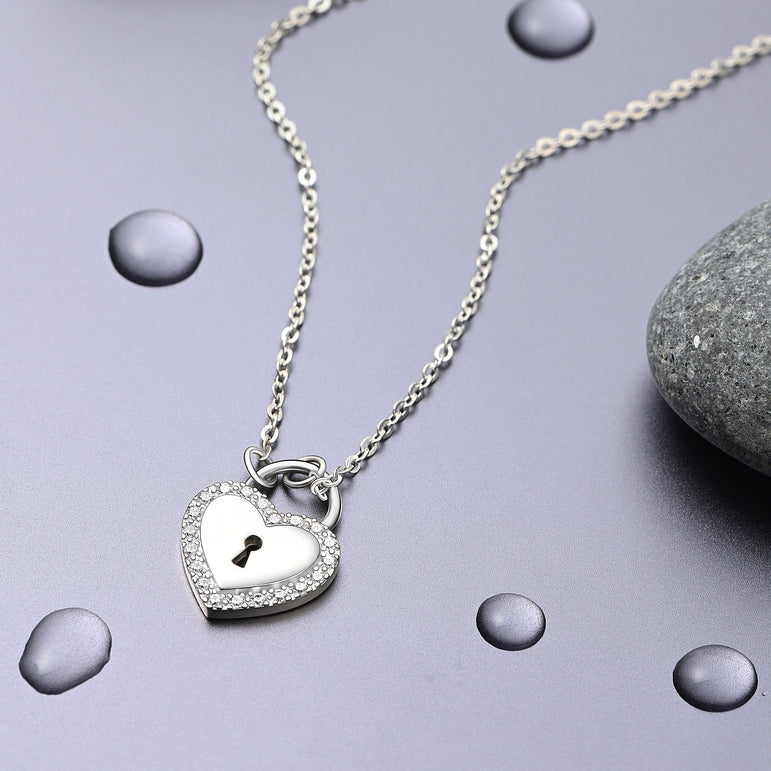 Sterling Silver Heart Lock Necklace with CZ Pendant Necklace