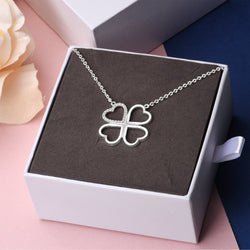 CZ Four Leaf Heart Shaped Clover Necklace Silver Pendant Necklace