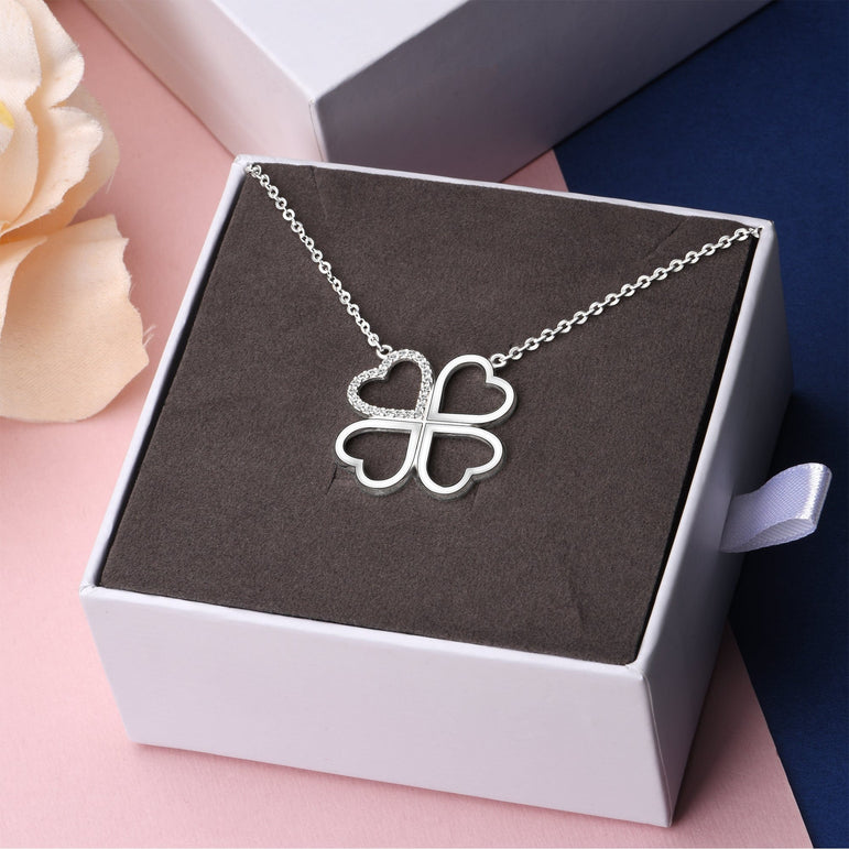 CZ Four Leaf Heart Shaped Clover Necklace Silver Pendant Necklace