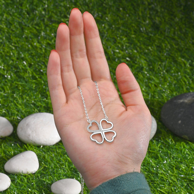 CZ Four Leaf Heart Shaped Clover Necklace Silver Pendant Necklace