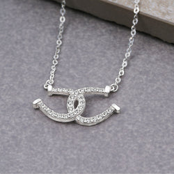 CZ Lucky Double Horseshoe Necklace Sterling Silver Pendant Necklace