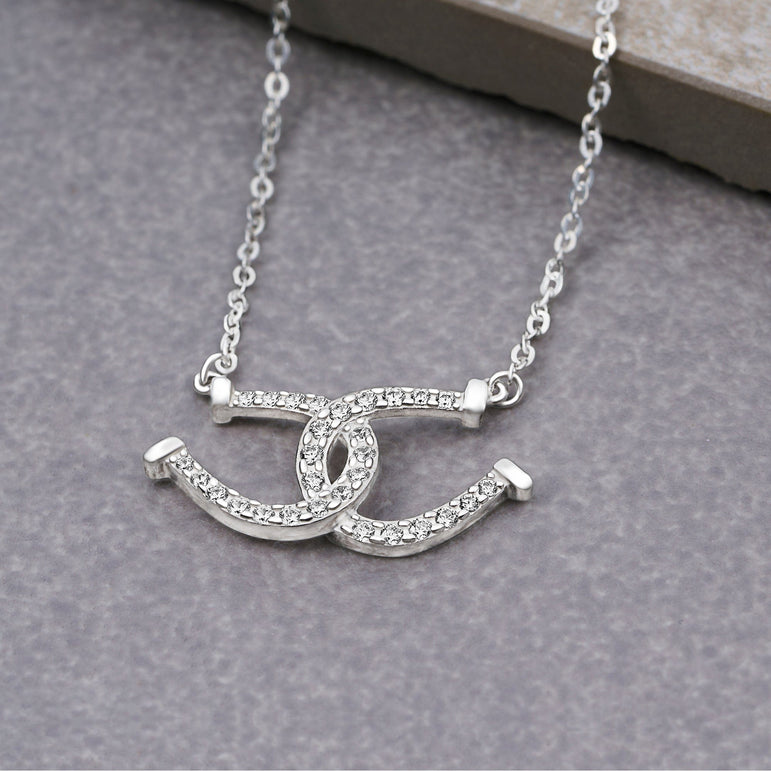 CZ Lucky Double Horseshoe Necklace Sterling Silver Pendant Necklace