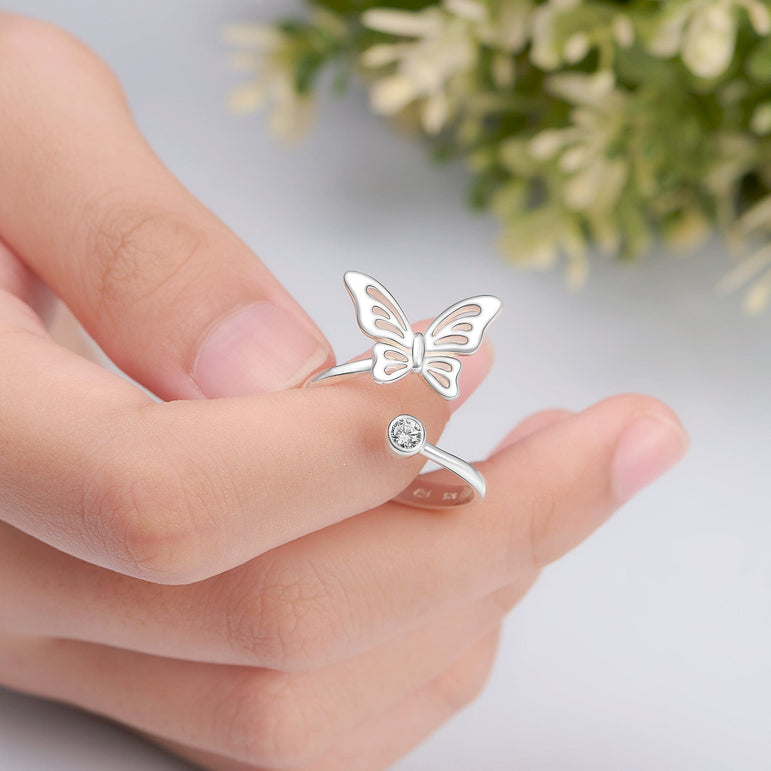 Simple Butterfly Ring Silver CZ Open Bypass Ring Adjustable Adjustable Ring
