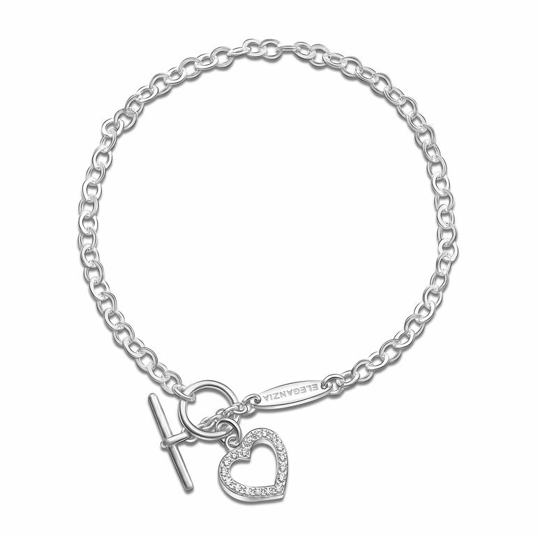 CZ Open Heart Bracelet in T-Bar Silver Chain Bracelet