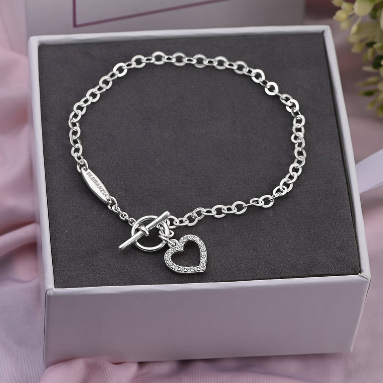 CZ Open Heart Bracelet in T-Bar Silver Chain Bracelet