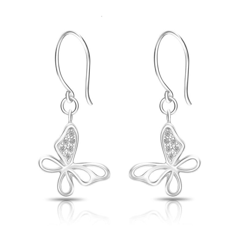 CZ Open Wings Butterfly Dangling Earrings Silver Drop Earrings