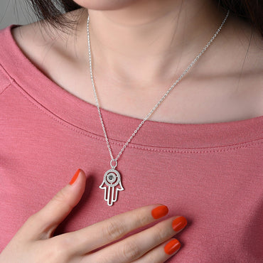 Black CZ Evil Eye Pendant in Sterling Silver Hamsa Hand Pendant