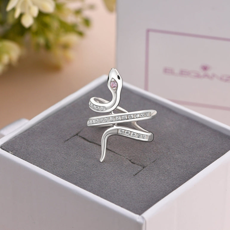 Pink CZ Coiling Snake Ring Silver Adjustable Ring