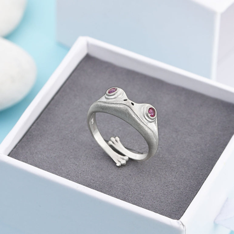 Ruby CZ Adjustable Frog Ring Sterling Silver Ring