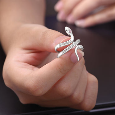 Pink CZ Coiling Snake Ring Silver Adjustable Ring