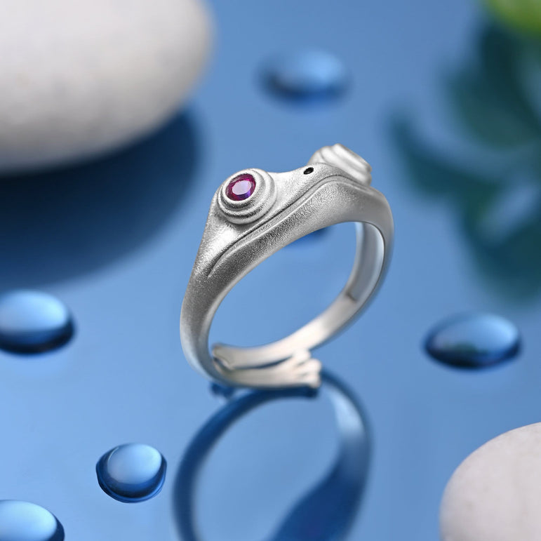 Ruby CZ Adjustable Frog Ring Sterling Silver Ring