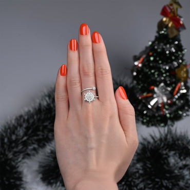 Frozen Winter CZ Snowflake Silver Ring Adjustable Ring