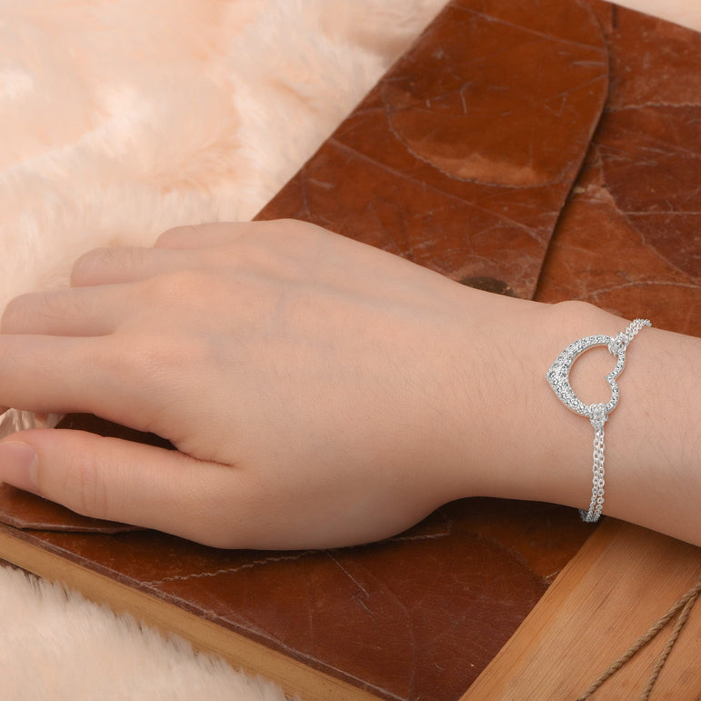Sparkling CZ Open Heart Bracelet Silver Adjustable Bracelet Bracelet