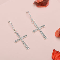 CZ Dangle Hook Cross Earrings Sterling Silver Drop Earrings