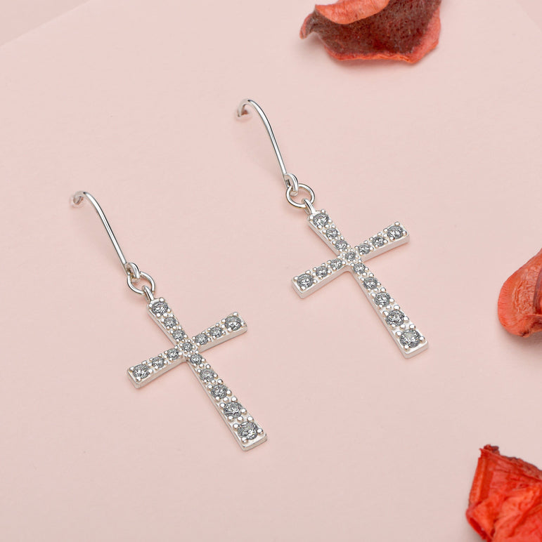 CZ Dangle Hook Cross Earrings Sterling Silver Drop Earrings