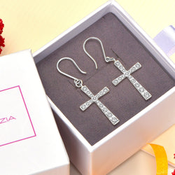 CZ Dangle Hook Cross Earrings Sterling Silver Drop Earrings