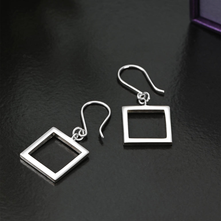 Open Square Sterling Silver Dangle Earrings for Her Drop Earrings