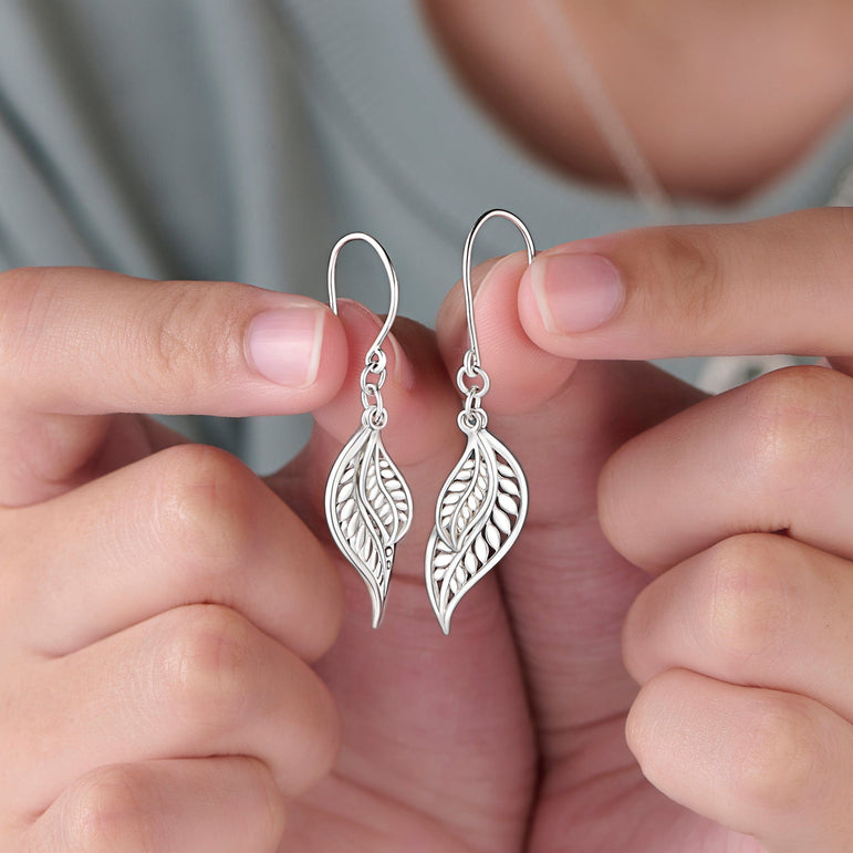 Feathered Leaf Drop Earrings Silver Dangle Earrings Drop Earrings