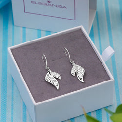 Feathered Leaf Drop Earrings Silver Dangle Earrings Drop Earrings