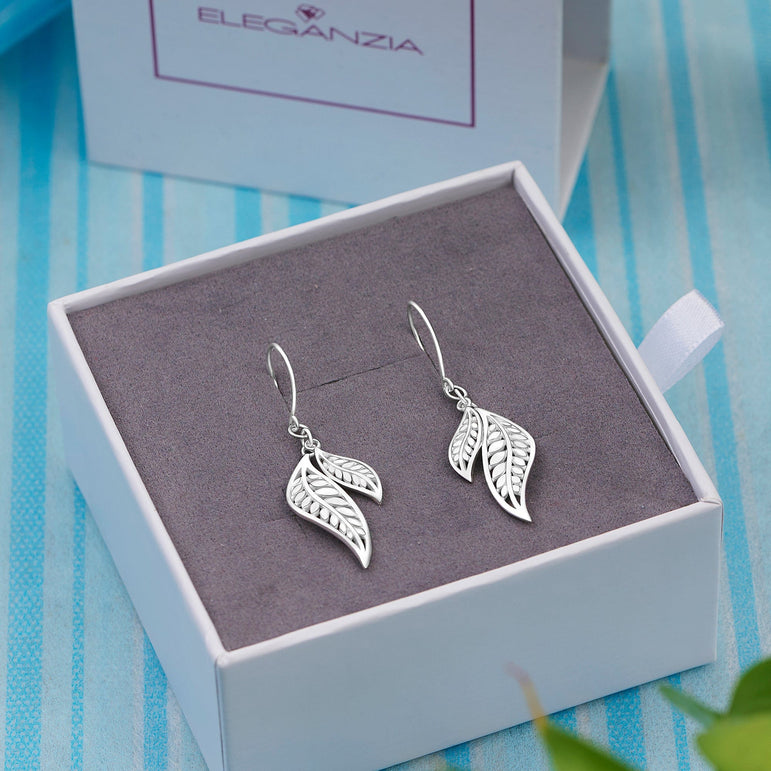 Feathered Leaf Drop Earrings Silver Dangle Earrings Drop Earrings