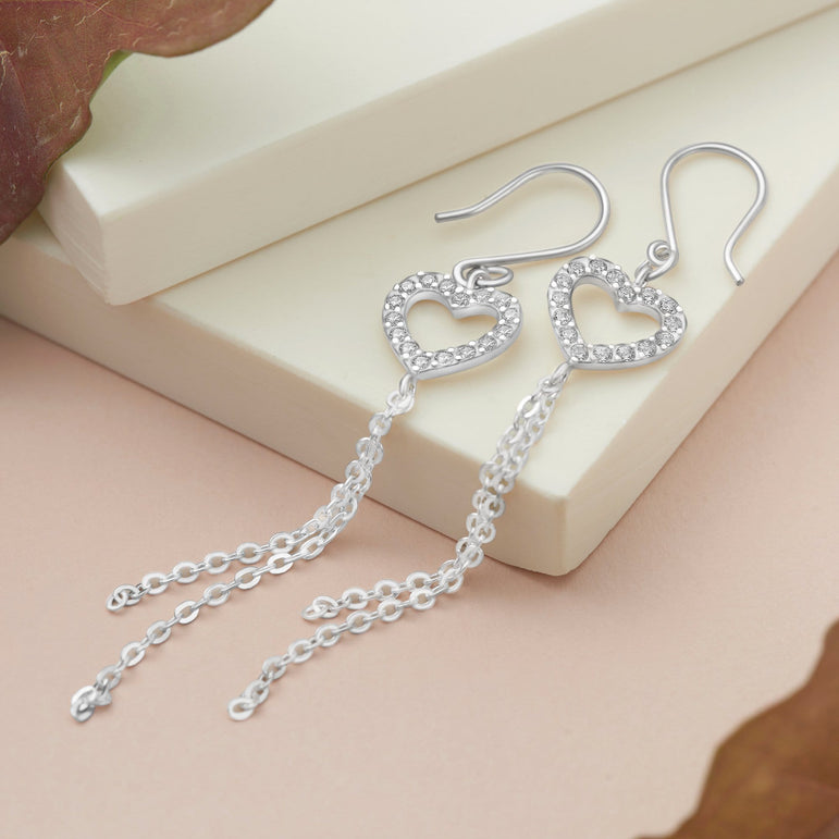 CZ Open Heart Earrings Dangle Sterling Silver Drop Earrings