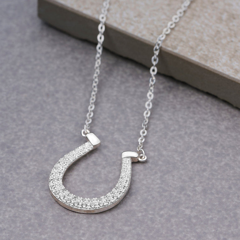 Lucky Horseshoe Necklace Sterling Silver with CZ Pendant Necklace