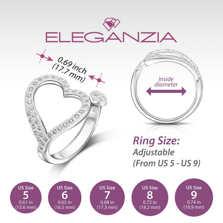 Sparkling CZ Open Heart Ring Adjustable Silver Ring Adjustable Ring