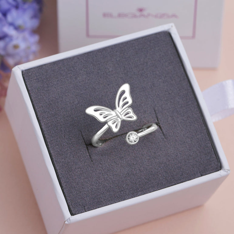 Simple Butterfly Ring Silver CZ Open Bypass Ring Adjustable Adjustable Ring