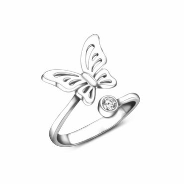 Simple Butterfly Ring Silver CZ Open Bypass Ring Adjustable Adjustable Ring