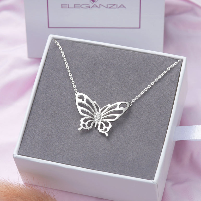 Simple CZ Butterfly Silver Necklace Pendant Necklace