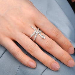 White CZ Coiling Snake Ring Silver Adjustable Ring