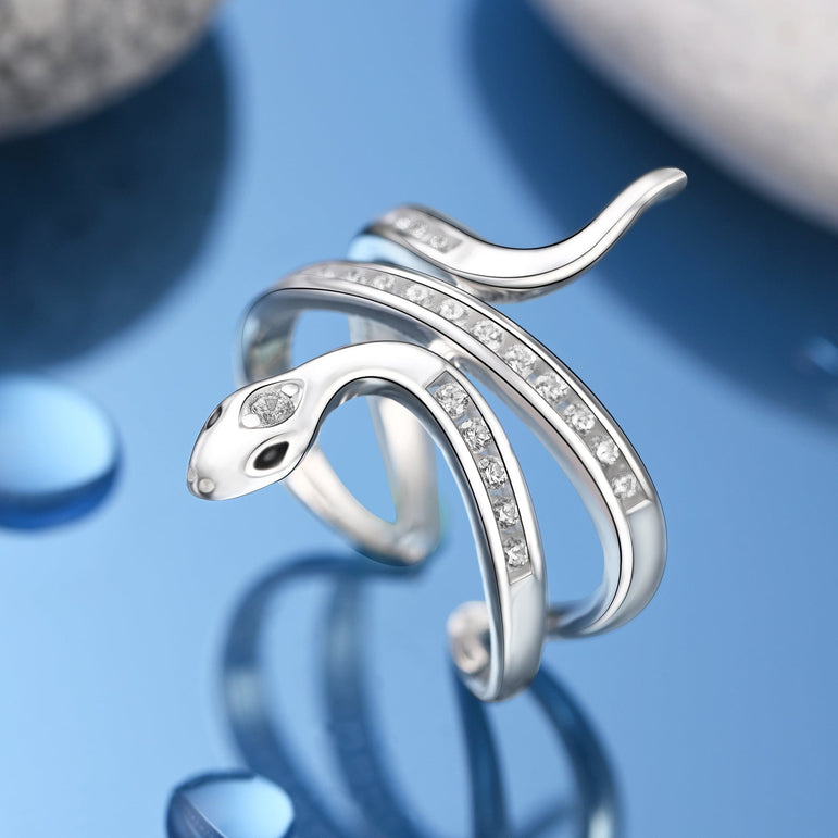 White CZ Coiling Snake Ring Silver Adjustable Ring