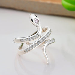 Pink CZ Coiling Snake Ring Silver Adjustable Ring