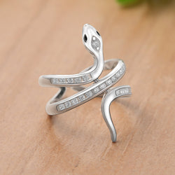 White CZ Coiling Snake Ring Silver Adjustable Ring
