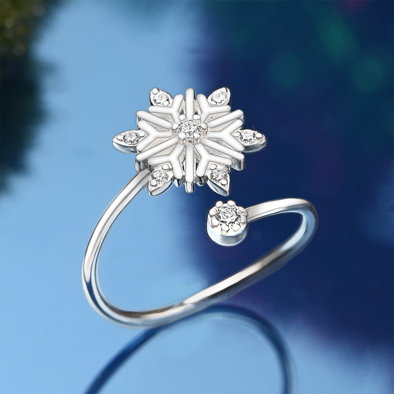 Frozen Winter CZ Snowflake Silver Ring Adjustable Ring