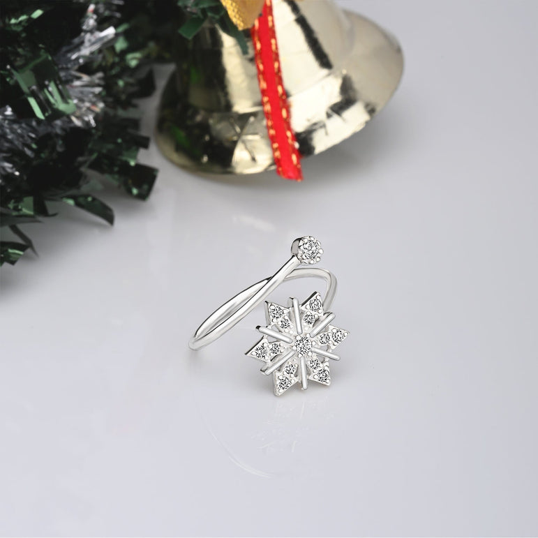 CZ Winter Star Silver Snowflake Ring Adjustable Ring