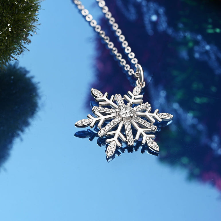 Frozen Winter CZ Snowflake Necklace Sterling Silver Pendant Necklace