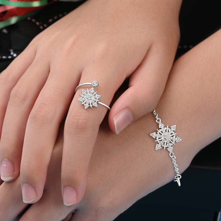 CZ Winter Star Silver Snowflake Ring Adjustable Ring