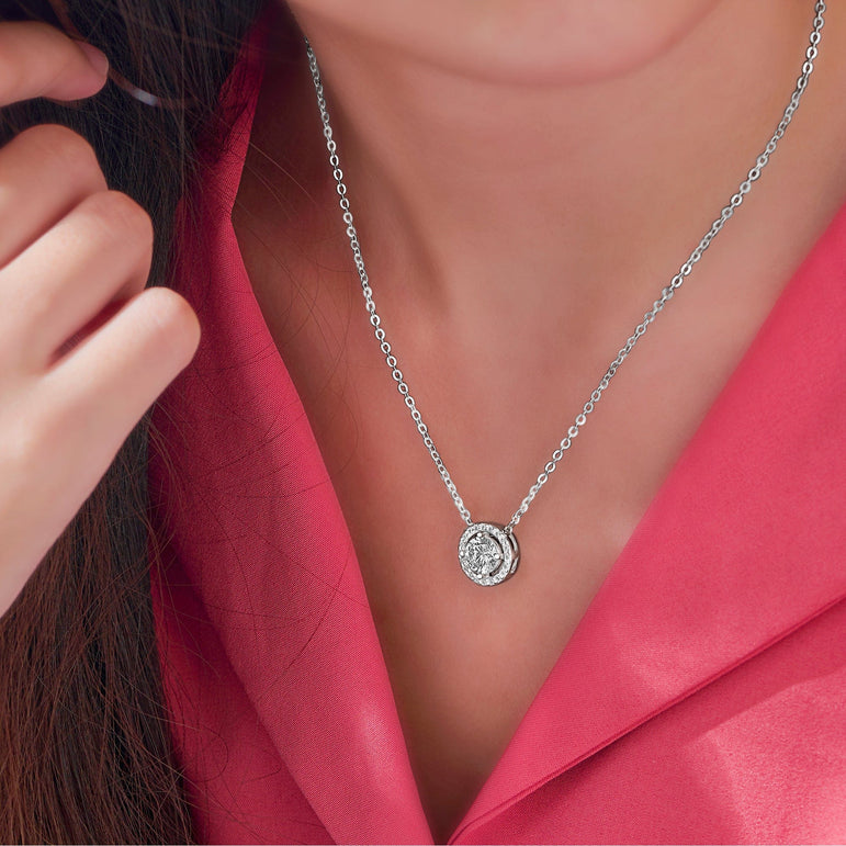 Round Sparkle Halo Necklace Sterling Silver Pendant Necklace