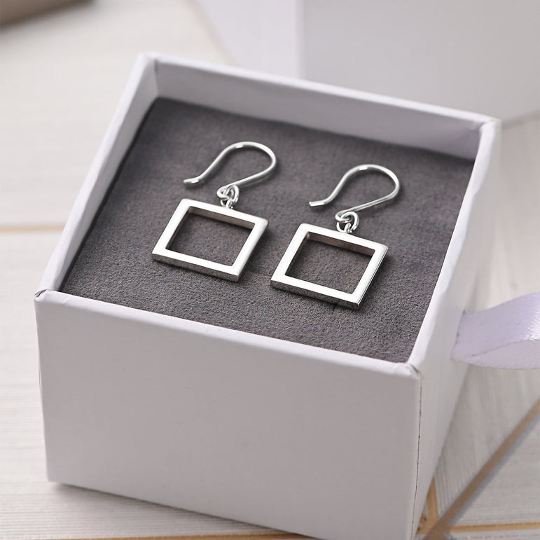 Open Square Sterling Silver Dangle Earrings for Her Drop Earrings